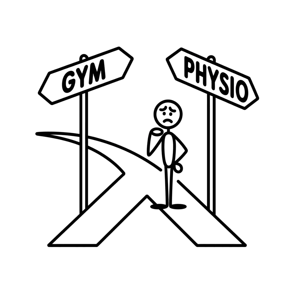 stick figure man concerned deciding between gym or physio. Resilience Rehab & performance exercise physiology & physiotherapy - Expert Pain Management and Rehab Solutions