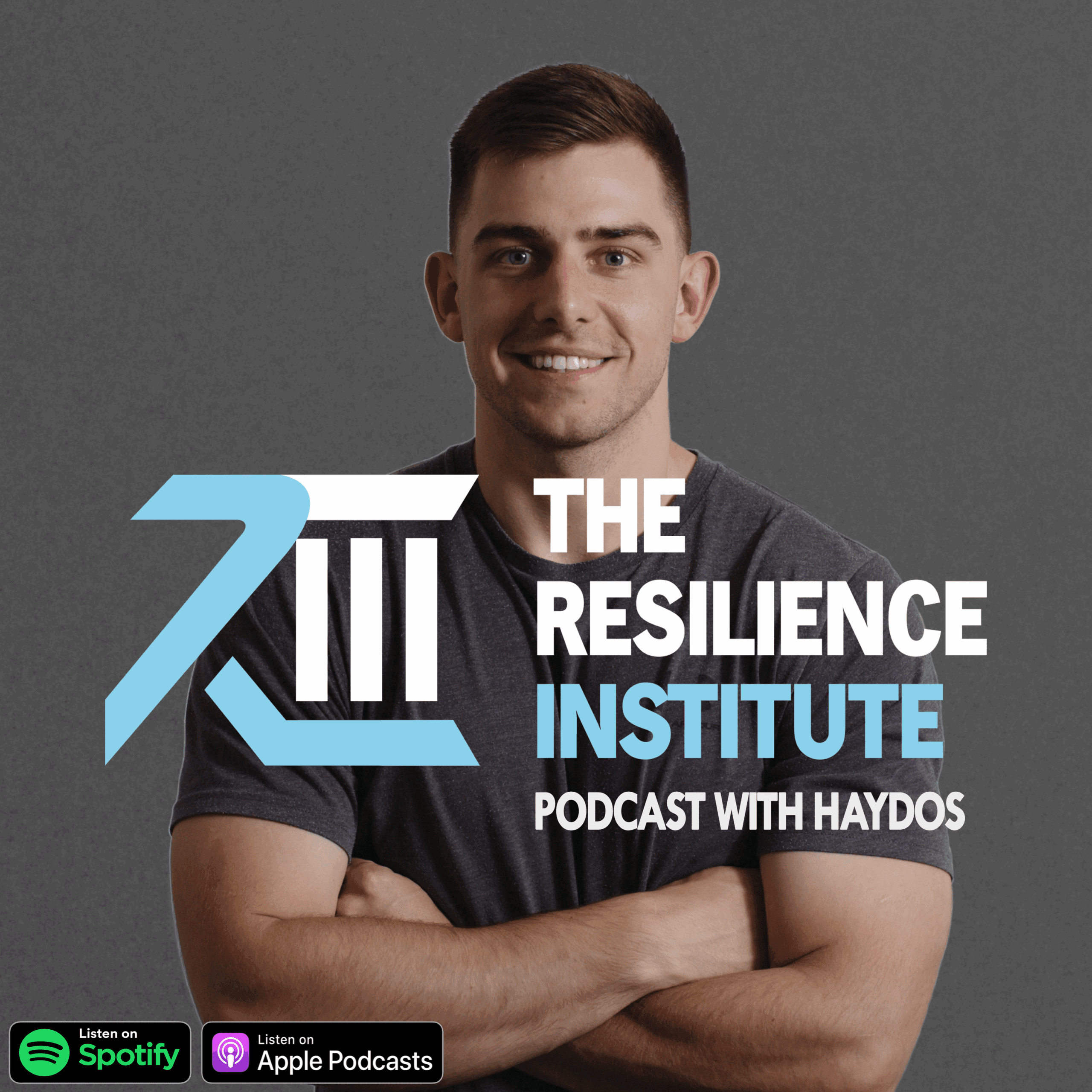 Smiling male coach with crossed arms beside 'The Resilience Institute' podcast logo with Spotify and Apple Podcast icons. Resilience Rehab exercise physiology & physiotherapy - Expert Pain Management, peformance and rehab Solutions