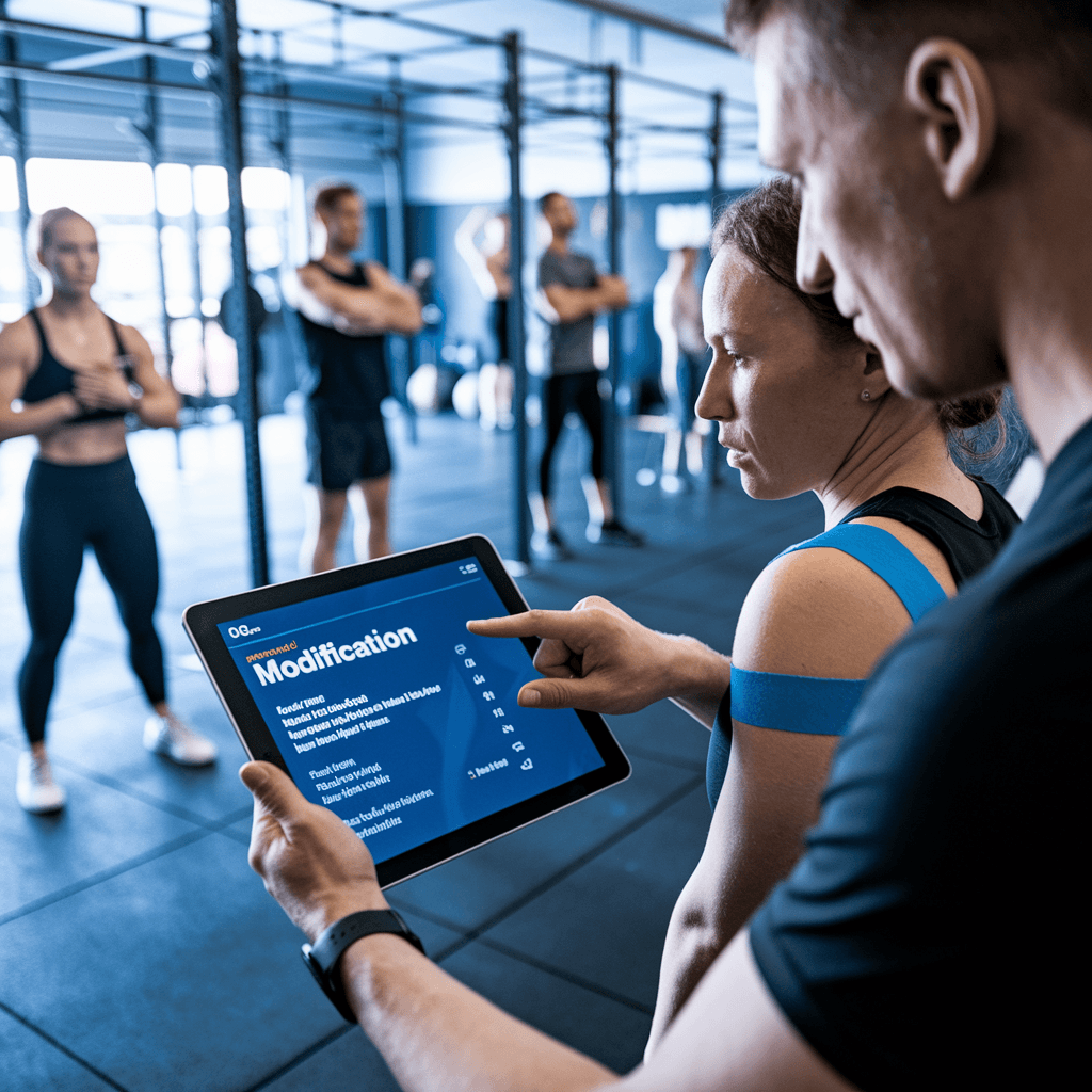 Athlete reviewing exercise modifications on a tablet in a CrossFit gym while members participate in a group class in the background.