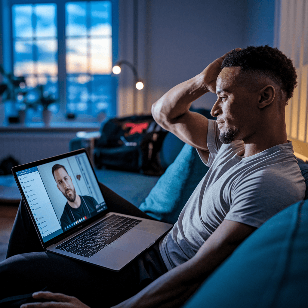 Male athlete at home in the evening, participating in a follow-up video consultation on his laptop for ongoing rehabilitation support.