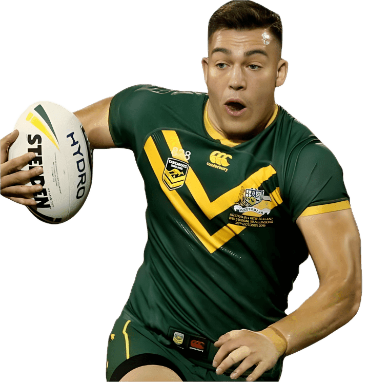 Rugby player in action, holding ball.