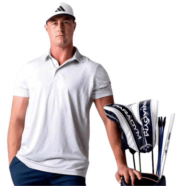Person in golf attire holding clubs.