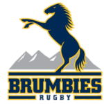 Horse logo with mountains and text, ACT Brumbies Rugby Union Team